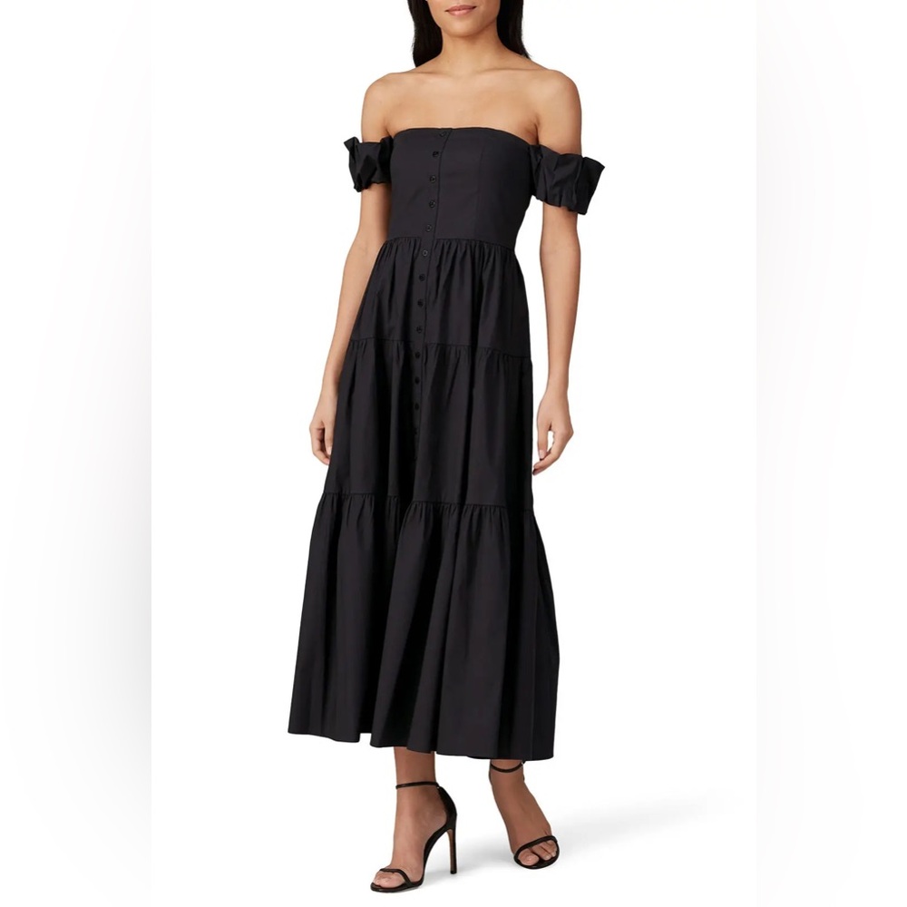 STAUD Black Off-Shoulder Tiered Midi Dress